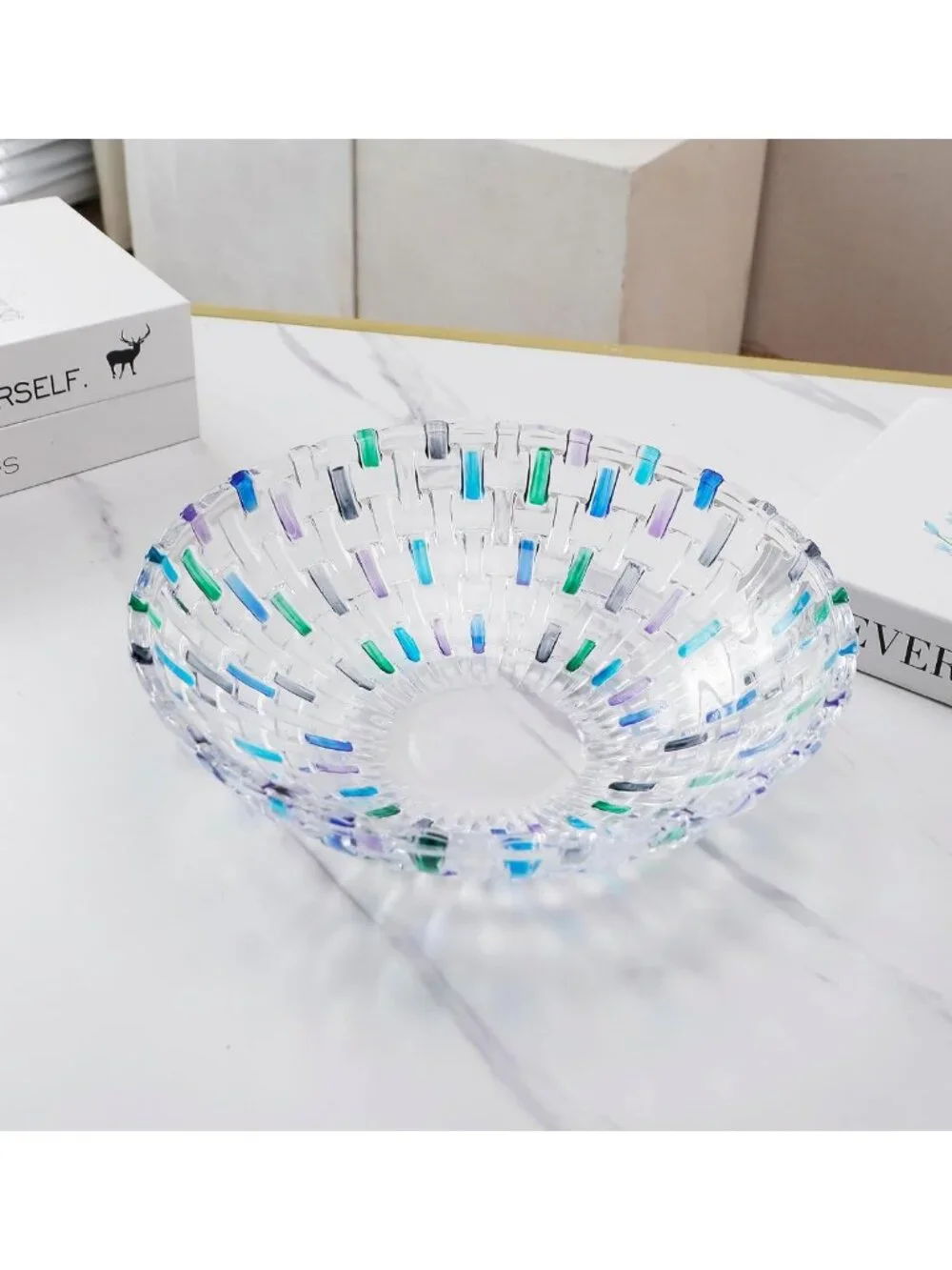 Hand Painted Blue Woven Glass Crystal Bowl - Decorative Centerpiece for Home